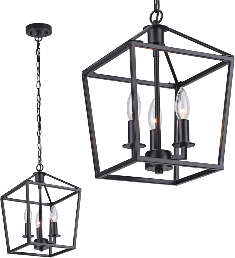 3-Light Industrial Pendant Light Metal Lantern Pendant Lighting Cage Chandelier Adjustable Farmhouse Chandelier for Kitchen Island Foyer Living Room Bar Restaurant,Matte Black - Puck's