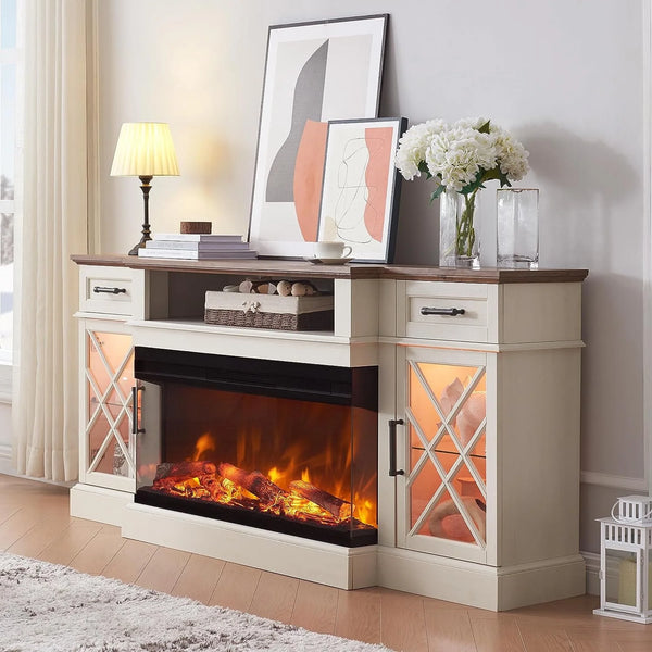 Farmhouse 3-Sided Fireplace TV Stand for 80" Tvs, 70" Entertainment Center with Electric Fireplace and Storage Drawers, Antique White - Puck's