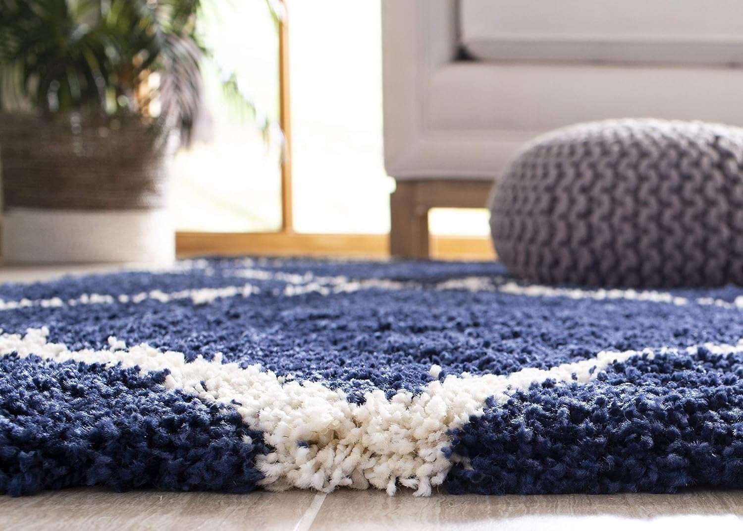 Hudson Shag Collection Runner Rug - 2'3" X 8', Navy & Ivory, Modern Trellis Design, Non-Shedding & Easy Care, 2-Inch Thick Ideal for High Traffic Areas in Living Room, Bedroom (SGH281C) - Puck's