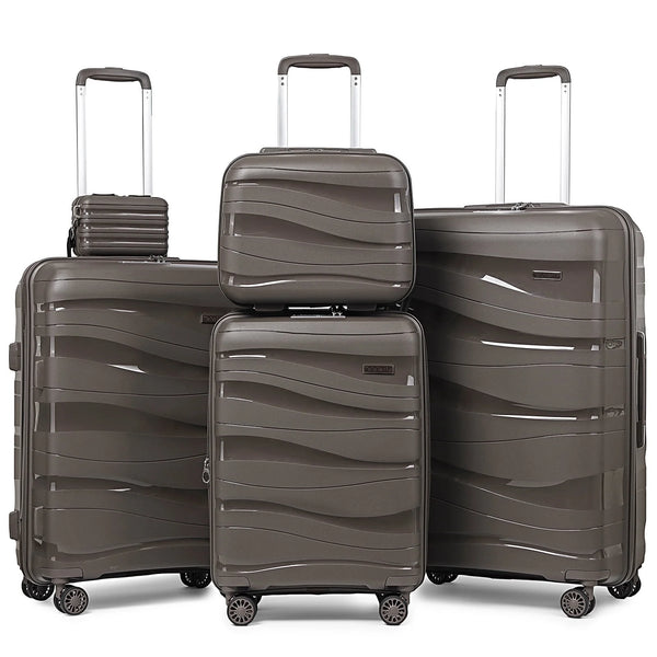 5 Piece Luggage Set PP Hardside Spinner Luggage - (Expandable Carry-On Suitcase20")( 24" 28")-Brown - Puck's