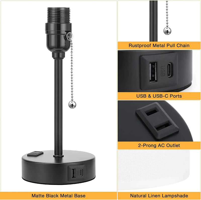Table Lamp with USB Ports, AC Outlet, 3 Color Temperatures, 14.6 Inch Bedroom Lamp