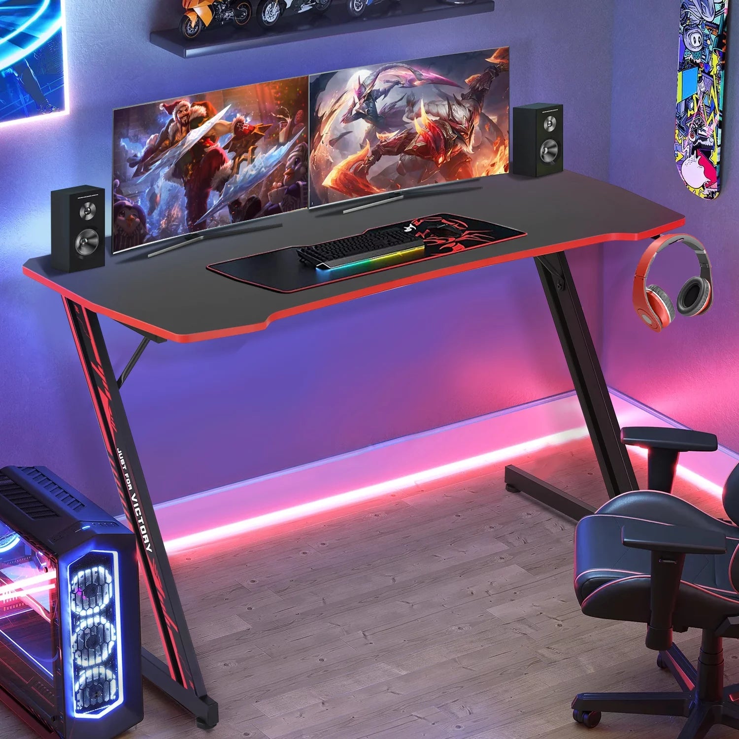 ncs 47 Inch Gaming Desk Z-Shaped Computer Desk Home Office Desk with Headphone Hook, Red - Puck's