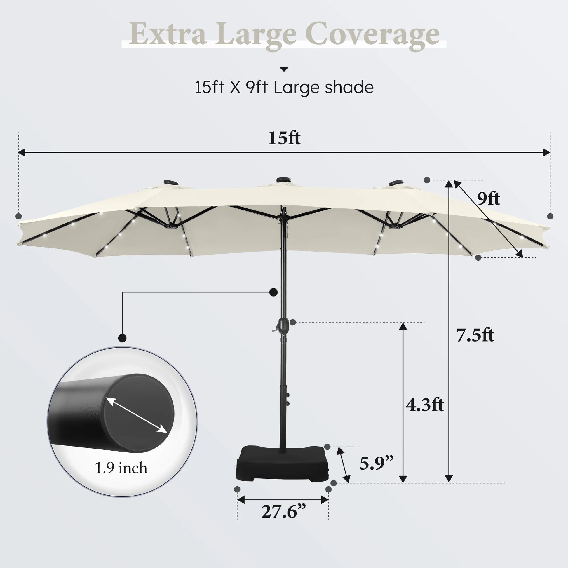 15Ft Double-Sided Solar Patio Umbrella with Base (Included) Large Outdoor Umbrella with Solar Lights - Ivory - Puck's