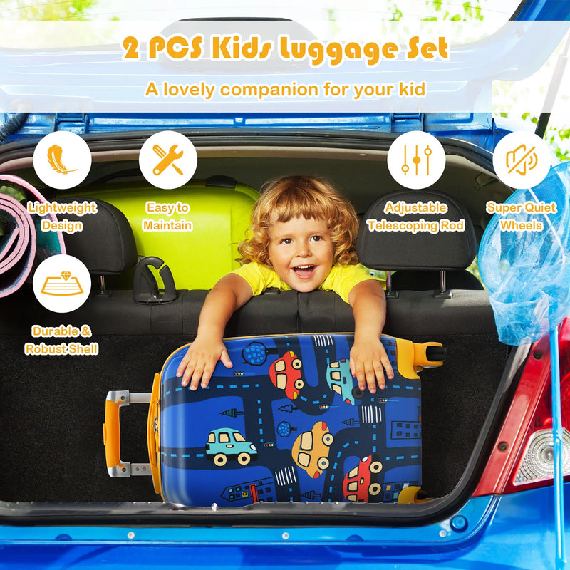 2PC Kids Carry on Luggage Set 12'' Backpack & 18'' Rolling Suitcase for Travel - Puck's