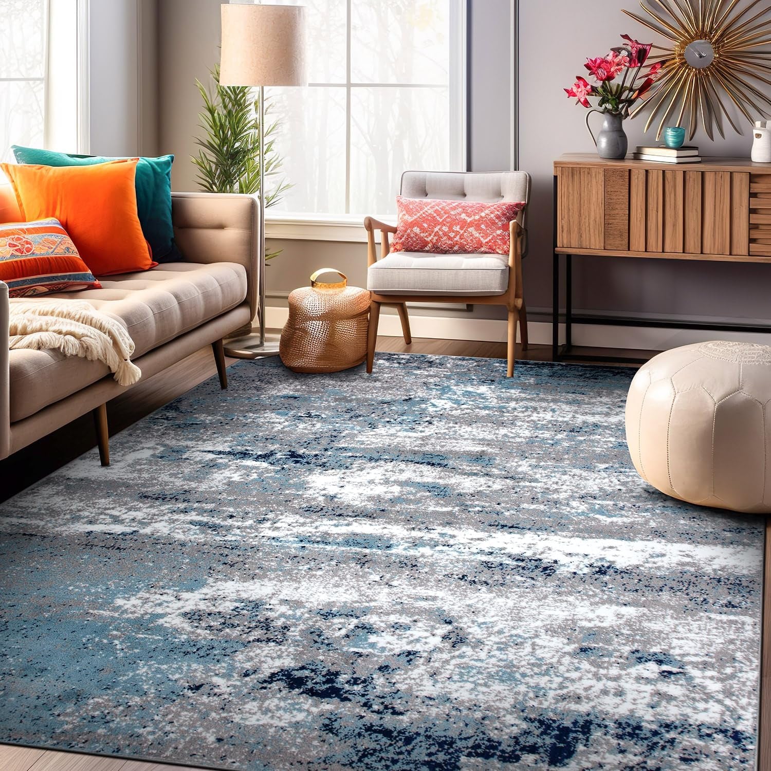 Distressed Abstract Watercolor Area Rug 5' X 7' Blue - Puck's