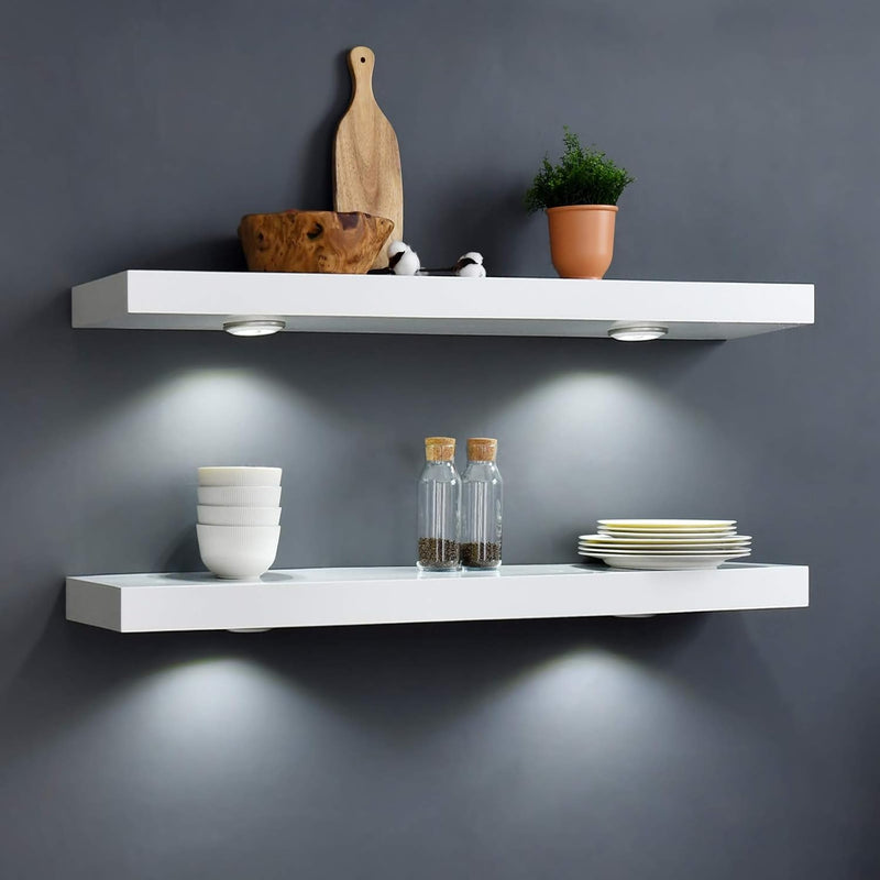 White Floating Shelf with Touch-Sensing Battery Powered LED Light,Wall Mounted Display Shelves for Entrance, Living Room, Bedroom, Kitchen and Bathroom (48-INCH, White) - Puck's