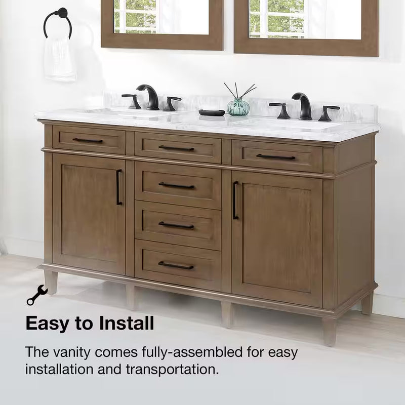 Sonoma 60 In. Dubbele Wastafel Almond Latte Badmeubel met Carrara Marmeren Bovenblad (Gemonteerd) - Puck's