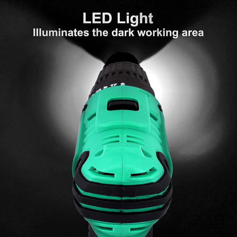 20V Cordless Drill, Electric Power Drill Set with 1 Battery & Charger, 3/8" Keyless Chuck, 2 Variable Speed & LED Light, 266 In-Lb Torque, 25+1 Position and 34Pcs Drill/Driver Bits(Green) - Puck's
