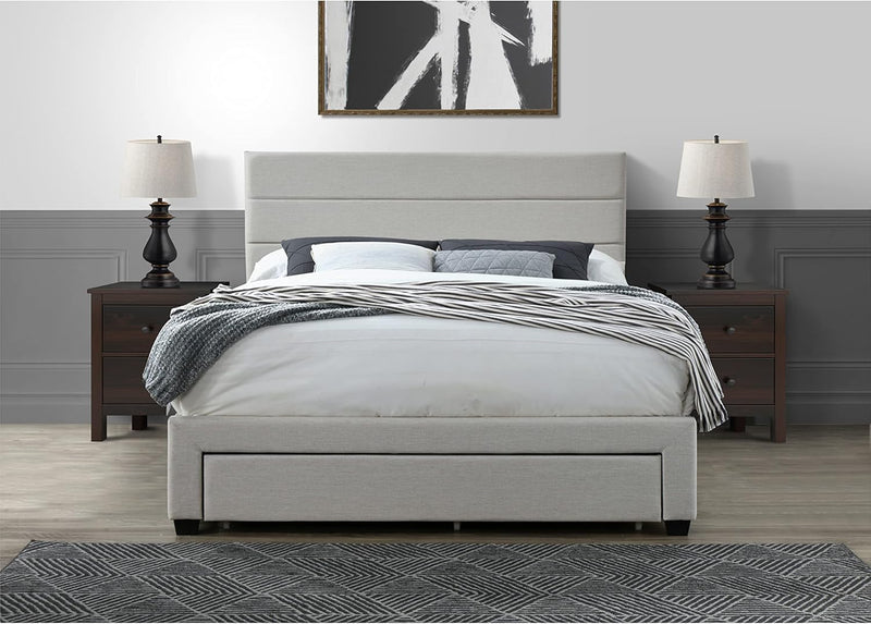Flynn Bed Frame - Beige Fabric Upholstered Panel Bed Frame with Storage Drawers – Wood Queen Bed Frame with Headboard - Modern Tufted Horizontal Channel Headboard for Queen Bed - Puck's