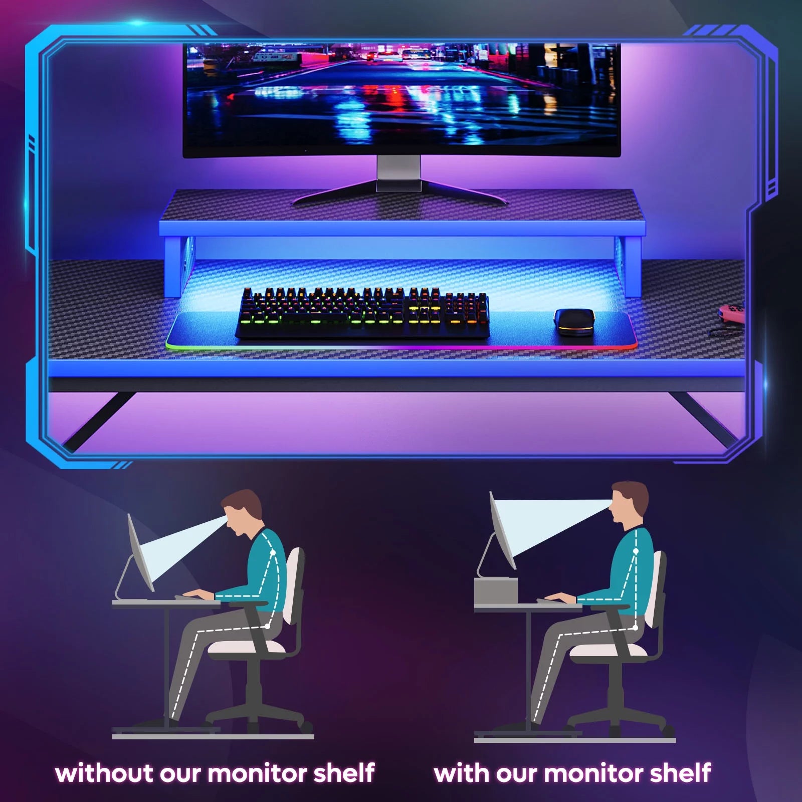 42" Gaming Desk PC Computer Table with LED Lights & Monitor Stand & Hook & Cup Holder in Blue - Puck's