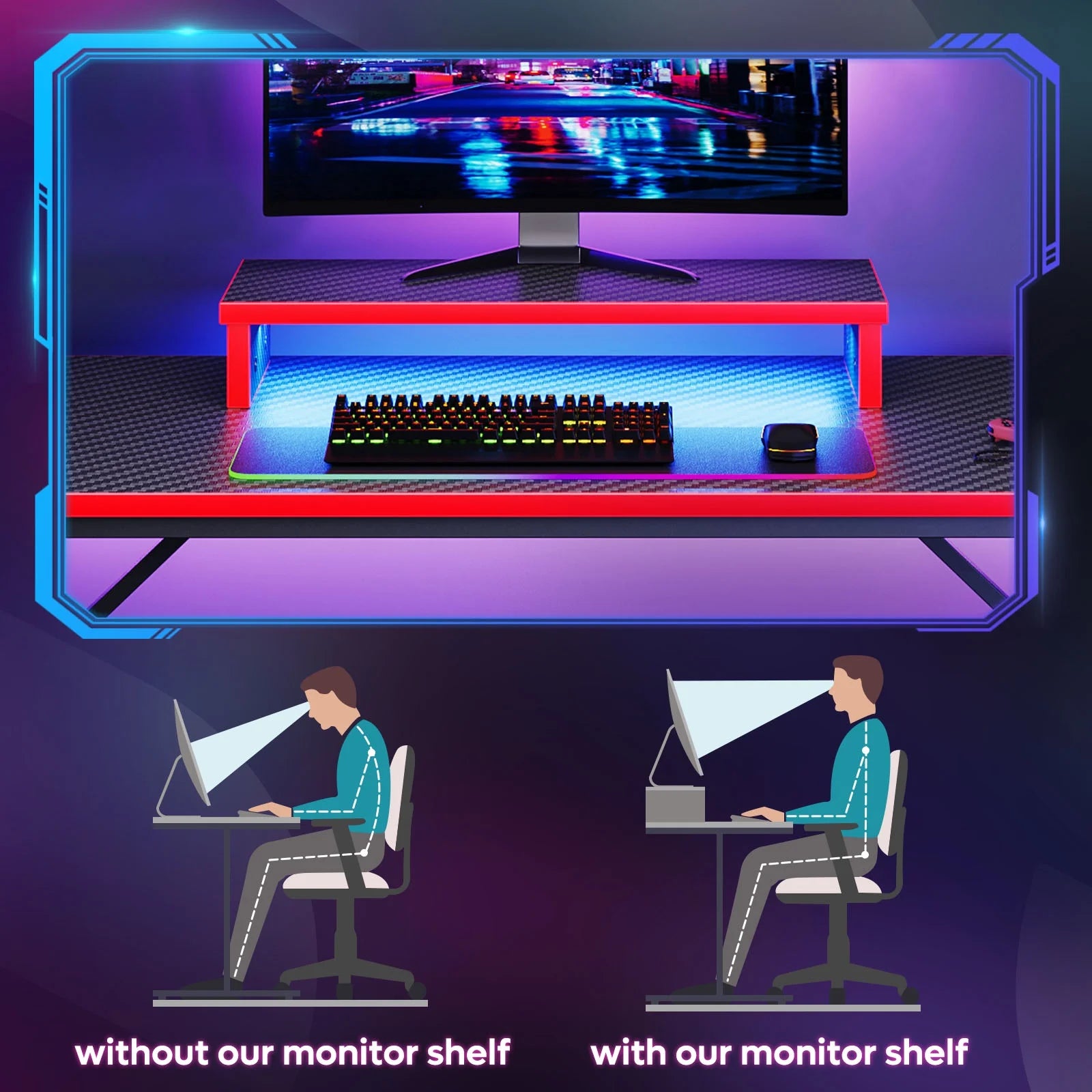 42" Gaming Desk PC Computer Office Gamer Table Desk with LED Lights & Monitor Stand in Red - Puck's