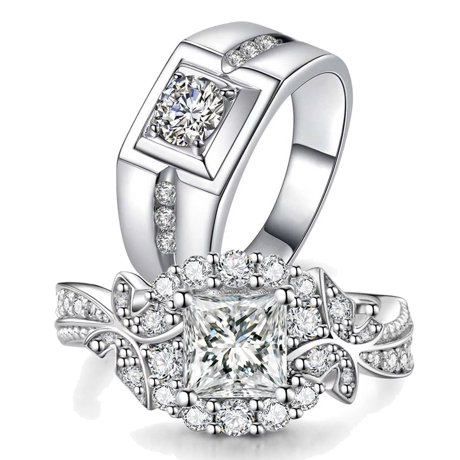 Matching Rings Couple Rings 10Kt White Gold Plated CZ Wedding Ring for Women Men Ring - Puck's