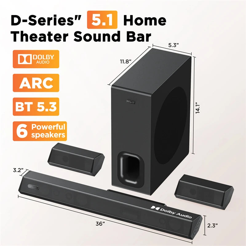 Hiwill D51W Dolby 5.1CH Soundbar Theater Sound Bar Surround Sound System 6 Drivers 3D Surround Sound Powerful Bass 3EQ Modes Wired Soundbar with 6.5'' Wireless Subwoofer - Puck's