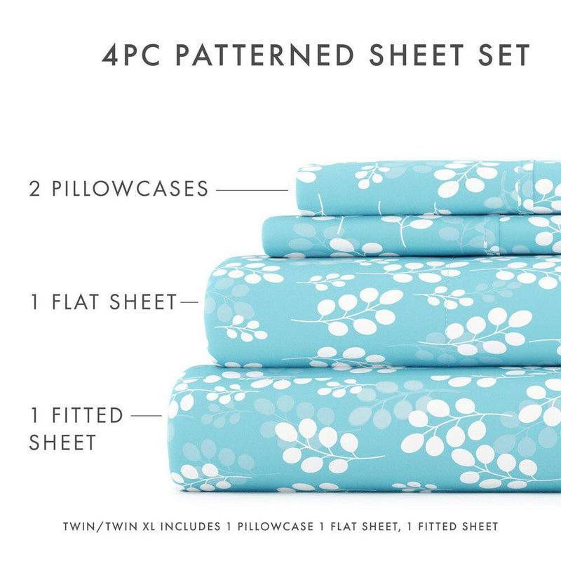 4-Piece Pale Blue Floral Microfiber Twin Sheet Set