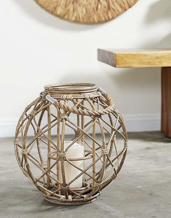 15"H Rustic Farmhouse Brown Woven Rattan Candle Lantern with Jute Rope Handle - Puck's
