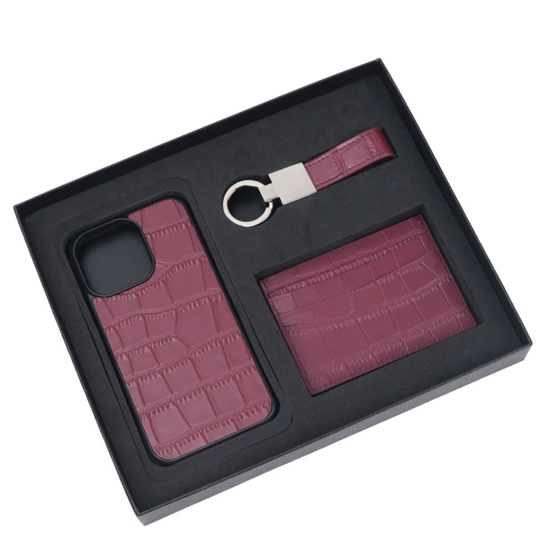 Customized Initials Gift Set Crocodile Pattern Leather Phone Case for Iphone Keychain Card Holder Gift Box Set Business Gift Set - Puck's