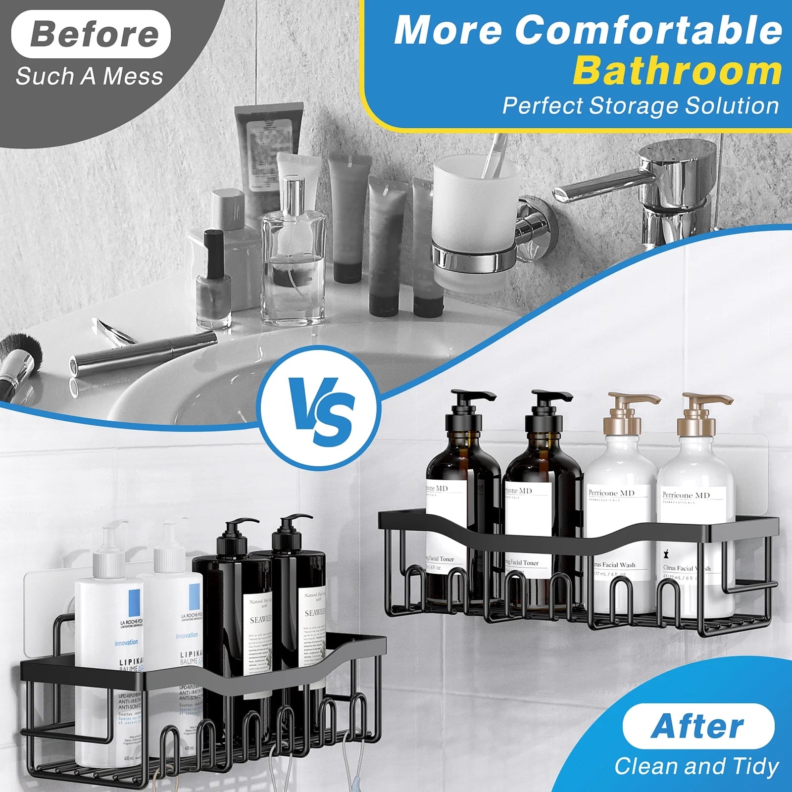 Shower Caddy, Shower Shelves 5 Pack, Adhesive Shower Organizer for Bathroom & Kitchen, No Drilling, Large Capacity, Rustproof SUS304 Stainless Steel Bathroom Organizer, Bathroom Accessories, Black - Puck's