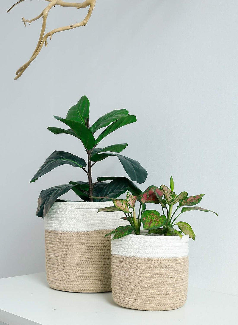 8"X7.5" Basket Planters for Indoor Plants, up to 7.5 Inch Flower Pot, Sturdy Woven Rope Organizer with Handle, Small, White Brown Stripes - Puck's