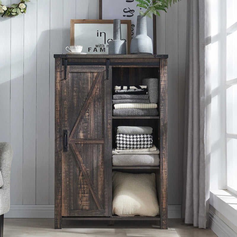 Modern Farmhouse 5-laden dressoir met schuurdeur, verstelbaar opbergmeubel voor slaapkamer, woonkamer, donker rustiek eiken - Puck's