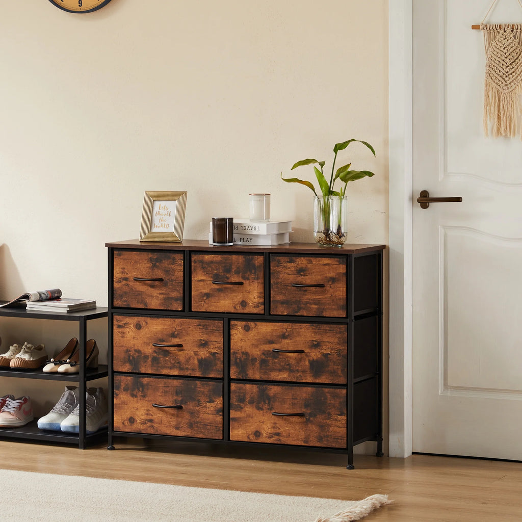 7 Drawer Dresser, Wide Chest of Drawers Nightstand Storage Tower Storage Dresser Fabric Dresser for Living Room, Bedroom, Hallway, Rustic Brown - Puck's