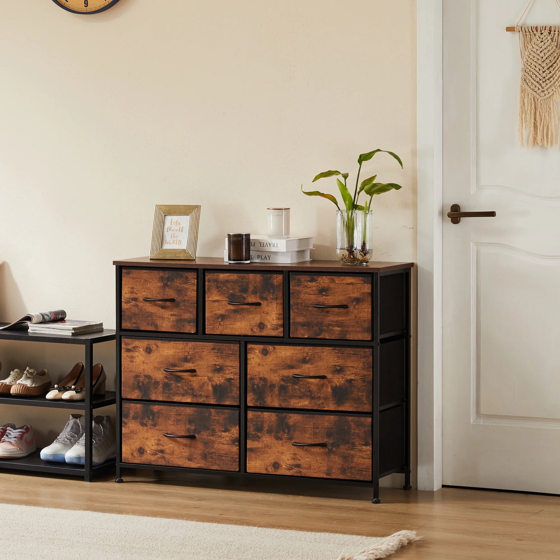 7 Drawer Dresser, Wide Chest of Drawers Nightstand Storage Tower Storage Dresser Fabric Dresser for Living Room, Bedroom, Hallway, Rustic Brown - Puck's