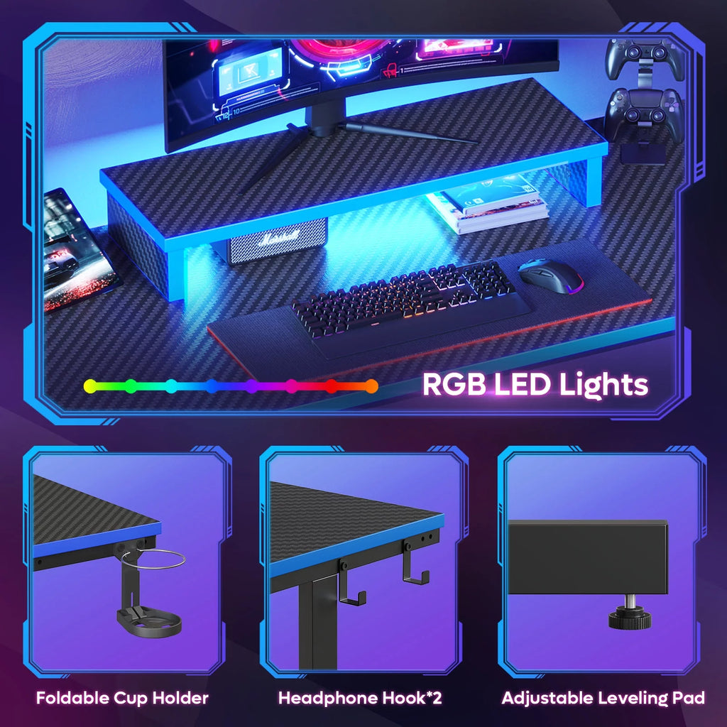 42" Gaming Desk PC Computer Table with LED Lights & Monitor Stand & Hook & Cup Holder in Blue - Puck's
