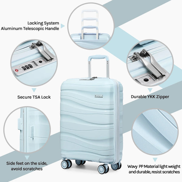 5 Piece Luggage Set PP Hardside Spinner Luggage - (Expandable Carry-On Suitcase20")(24" 28")-Light Blue - Puck's