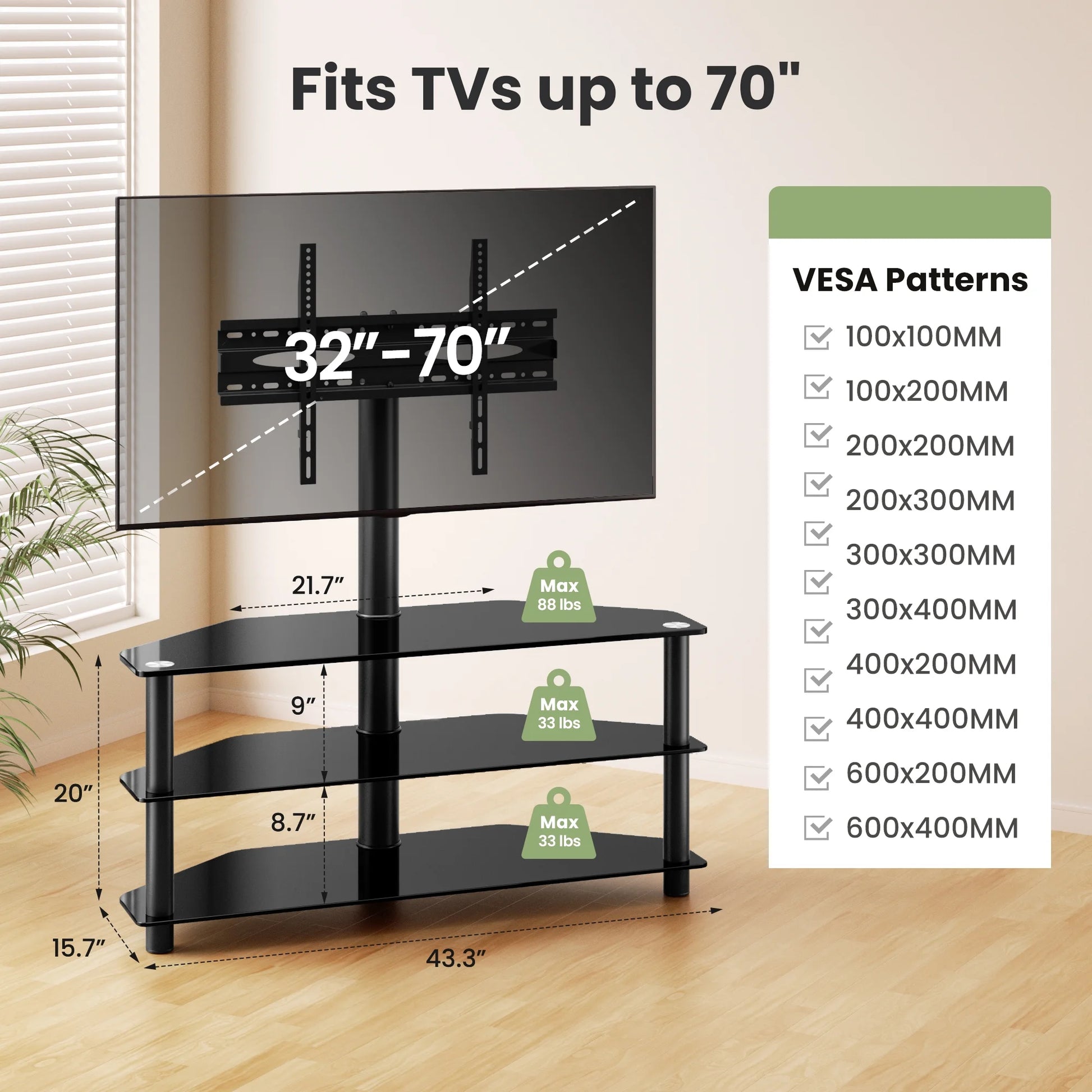 Corner TV Stand, 3-Tier Glass Floor TV Stand with Mount for 32-70" TV - Puck's