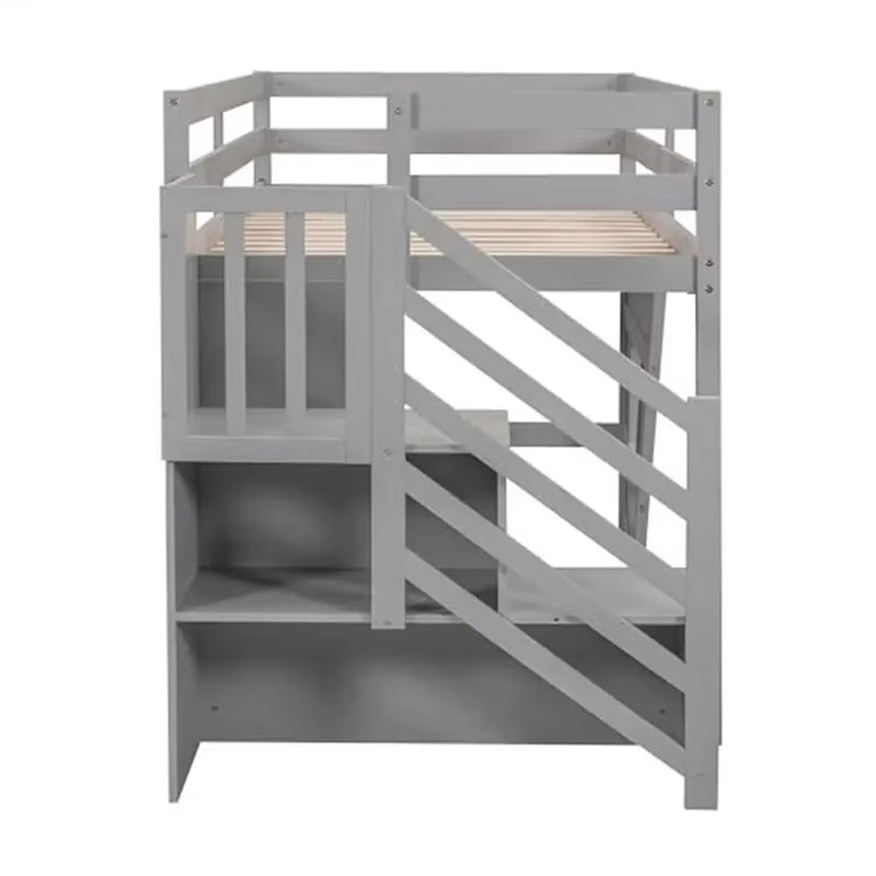 Twin Low Loft Bed with Stairs & Storage Kids Solid Pine Wood Gray Finish High Safety Guard Rails Shelves& Movable Desk Modern - Puck's