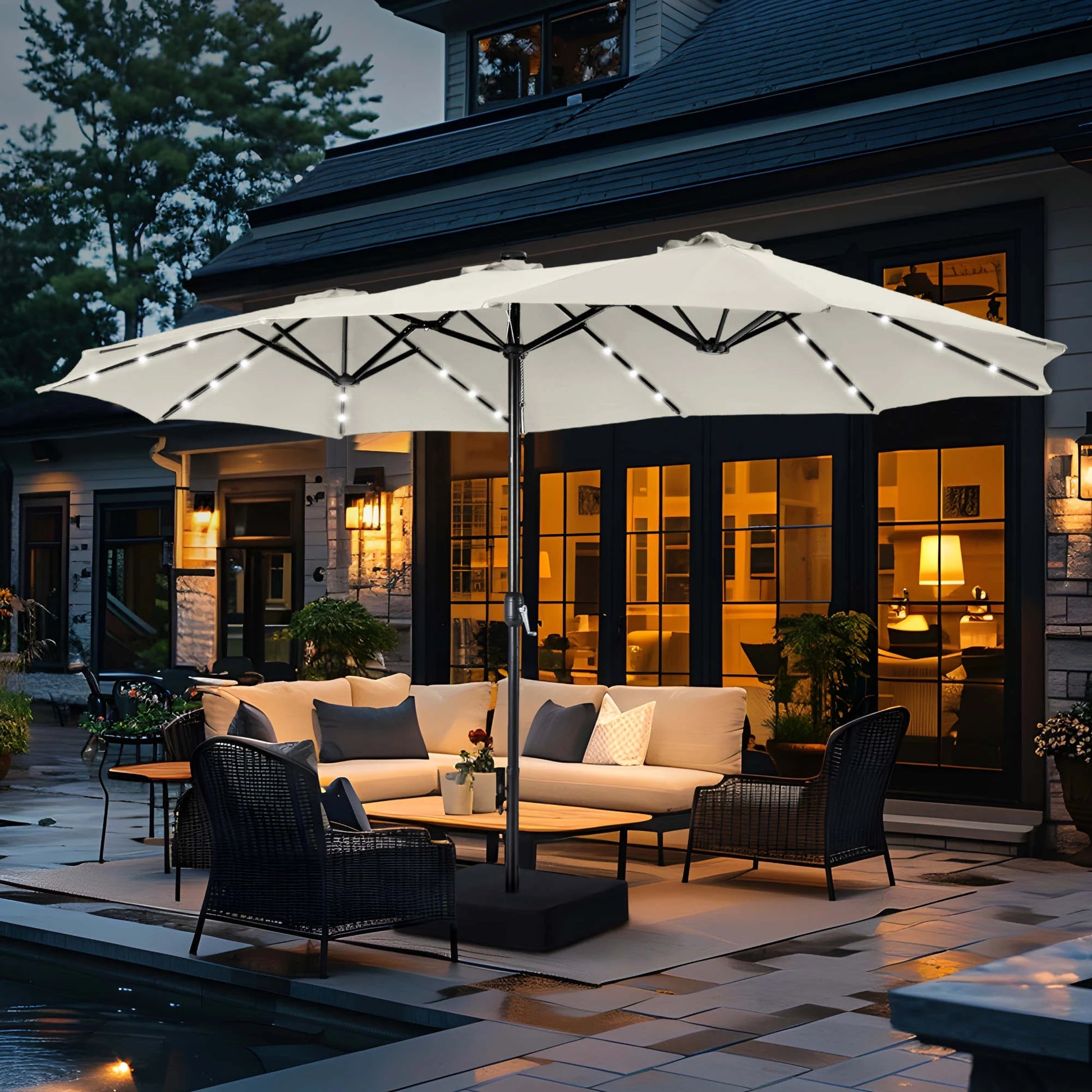 15Ft Double-Sided Solar Patio Umbrella with Base (Included) Large Outdoor Umbrella with Solar Lights - Ivory - Puck's