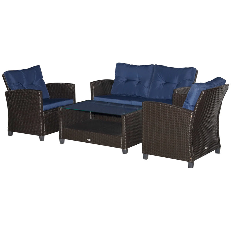 Outsunnny 4 Piece Patio Furniture Set, Outdoor Wicker Loveseat Sofa & Chairs, with 2-Tier Coffee Table & Tufted Cushions, Navy Blue - Puck's