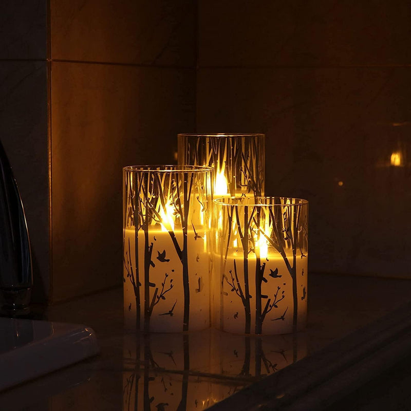 Birch Design Glass Battery Operated LED Candles with Timer, Flameless Pillar Candles Spring & Summer Decor- Include 6 Batteries - Puck's