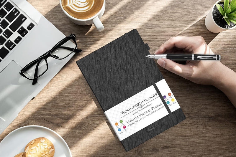 Wordsworth Undated Vertical Planner 2022-2023 - Weekly Planning, Organizer Notebook; Increase Productivity, Time Management - Gratitude Journal; Hit Your Goals - Thick Paper (120GSM) B5, Black - Puck's