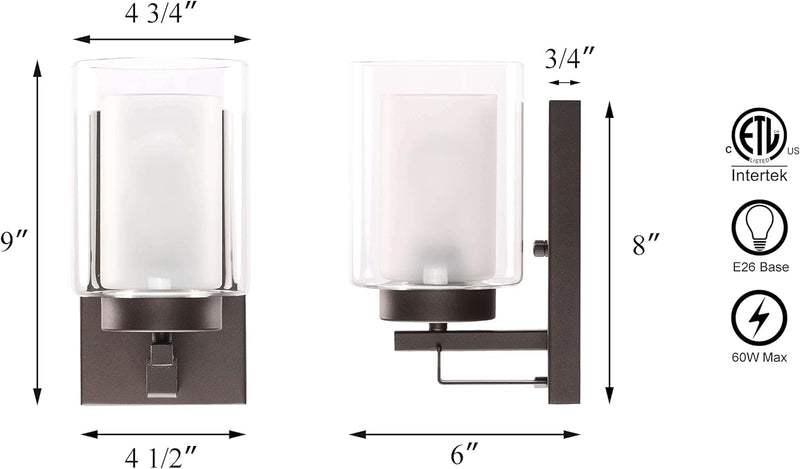 Wall Light 1 Light Bathroom Vanity Lighting with Dual Glass Shade in Dark Bronze Indoor Wall Mount Light XB-W1195-1-DB - Puck's