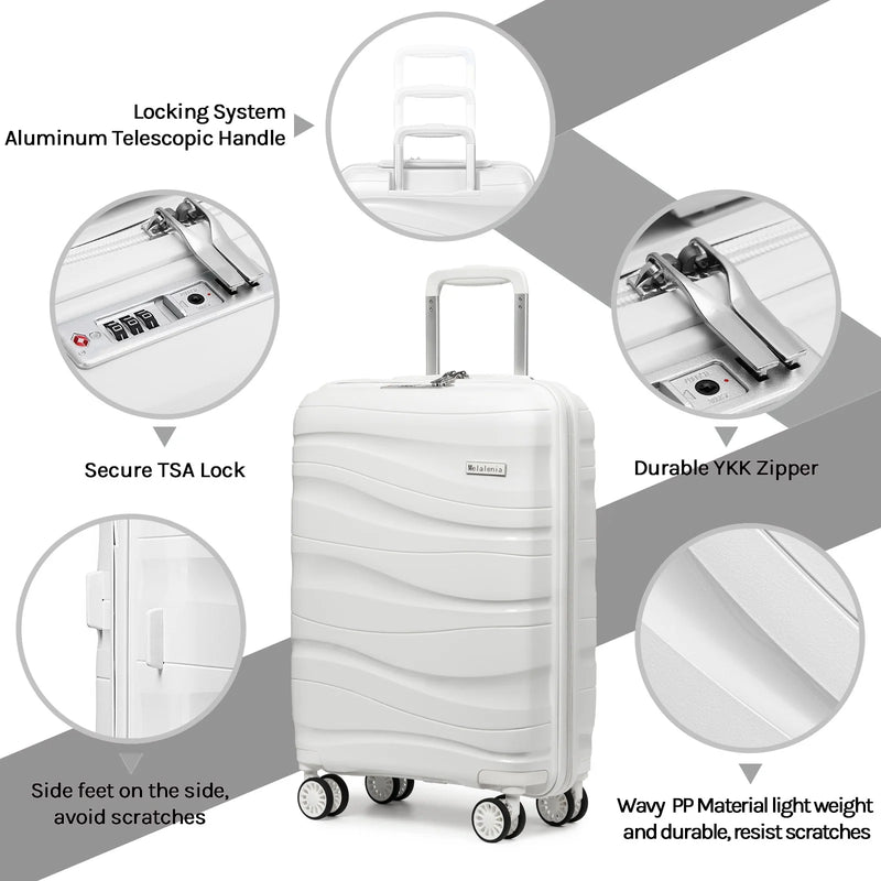 5 Piece Luggage Set PP Hardside Spinner Luggage - (Expandable Carry-On Suitcase20")( 24" 28")-White - Puck's