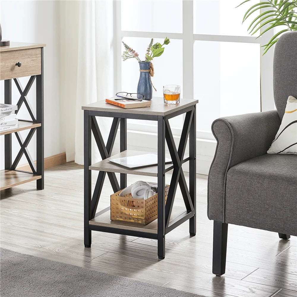 3 Tier X Frame Side Table for Living Room, Gray - Puck's