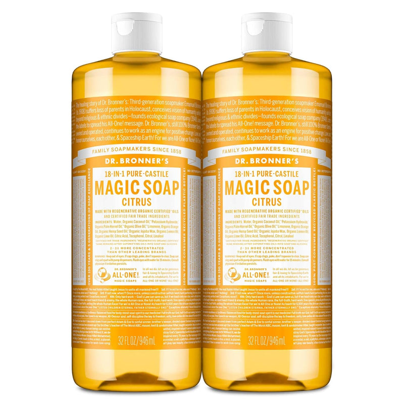 Magic Soap-Pure-Castile Liquid Soap (Citrus, 32 Ounce, 2-Pack)-Regenerative Organic Certified Oils, 18-In-1 Uses: Body, Hair, Laundry, Pets & Dishes, Concentrated, Vegan, Non-Gmo - Puck's
