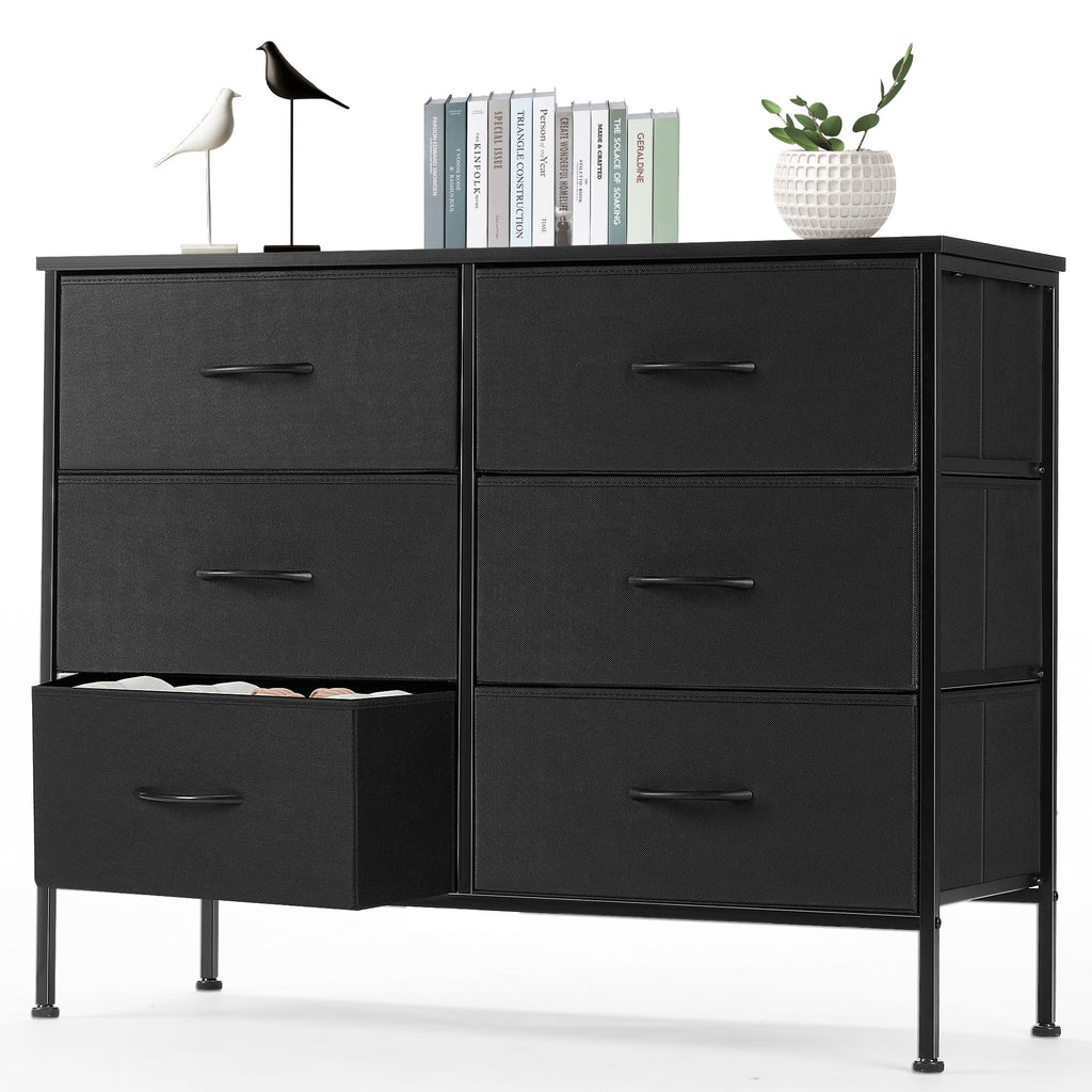 6 Drawer Dresser, Wide Chest of Drawers Nightstand Storage Tower Storage Dresser Fabric Dresser with Wood Top for Living Room, Bedroom, Hallway, Black - Puck's