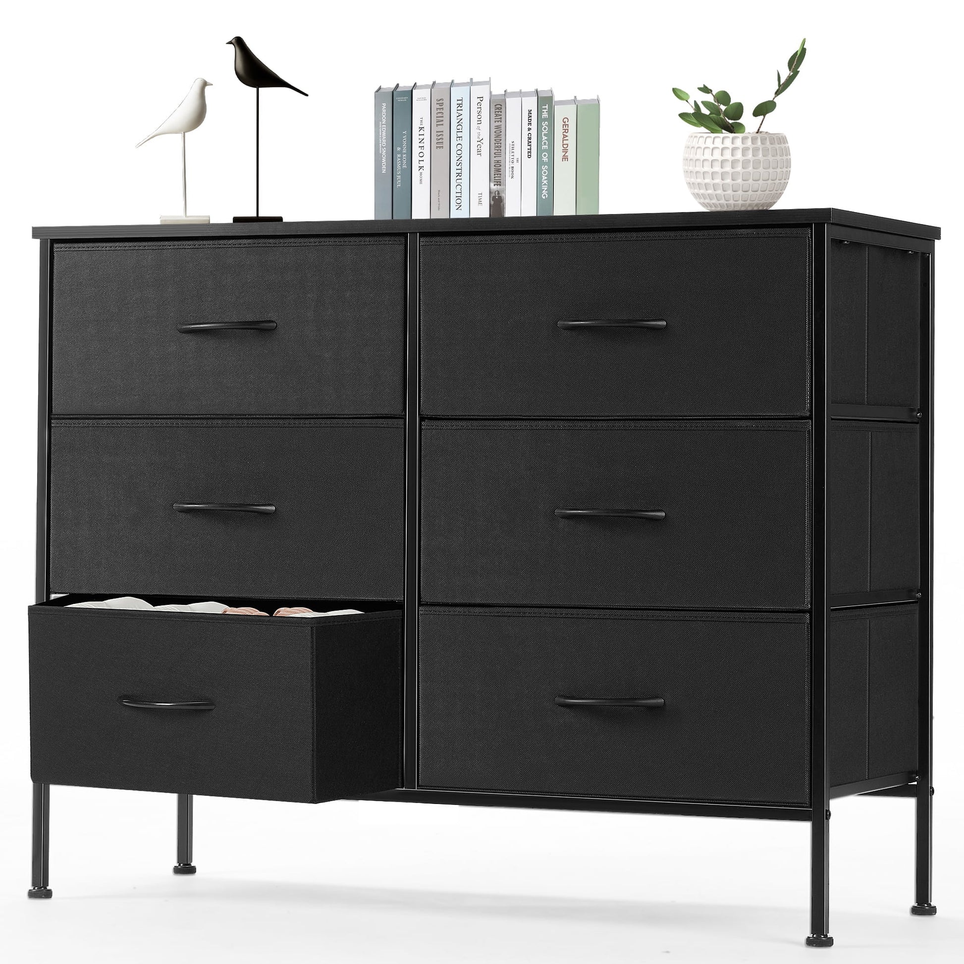 6 Drawer Dresser, Wide Chest of Drawers Nightstand Storage Tower Storage Dresser Fabric Dresser with Wood Top for Living Room, Bedroom, Hallway, Black - Puck's