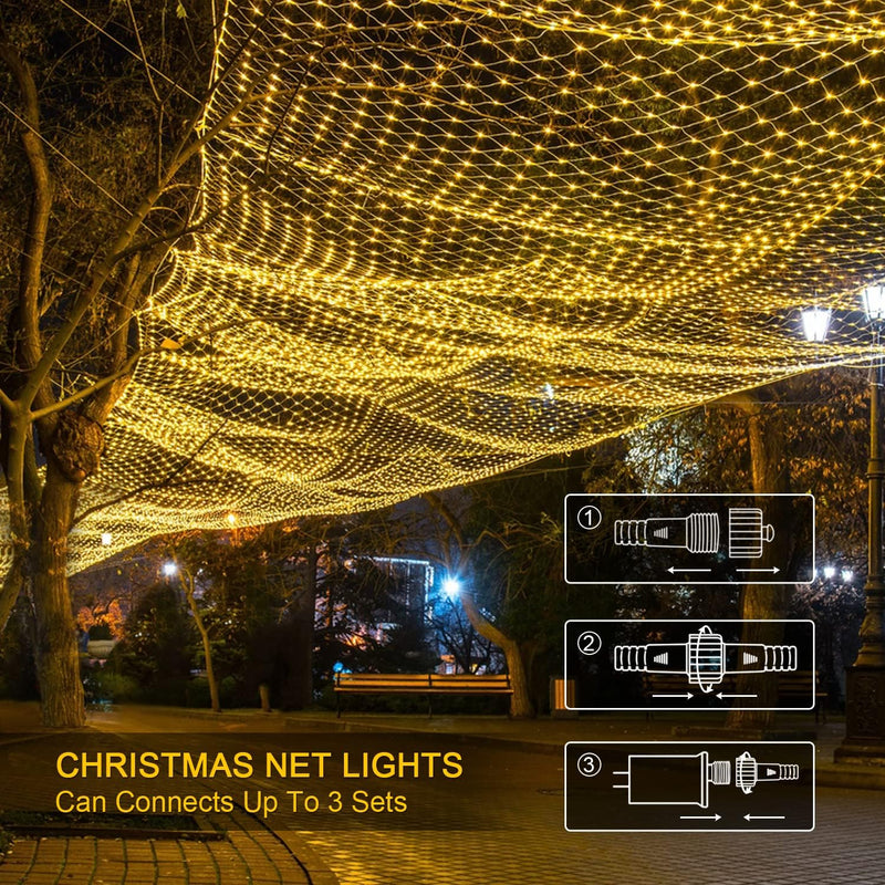 Net Lights Outdoor Mesh Lights, 200 LED 9.8Ft X 6.6Ft Christmas Net Lights Outdoor, 8 Modes Plug in Led Net Lights for Bushes Ceiling Hedge, Trees, Christmas Decoration (Warm White) - Puck's