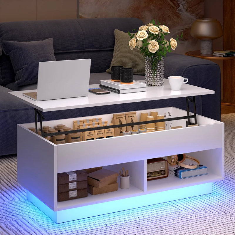 LED Lift Top Coffee Table with Hidden Compartment High Gloss White Coffee Tables Center Rising Cocktail Table for Living Room Accent Furniture - Puck's