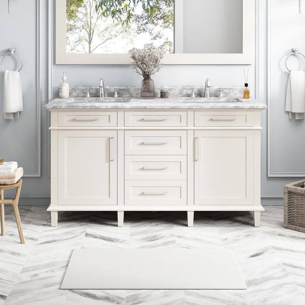 Sonoma 60 In. Double Sink off White Bath Vanity with Carrara Marble Top (Assembled) - Puck's