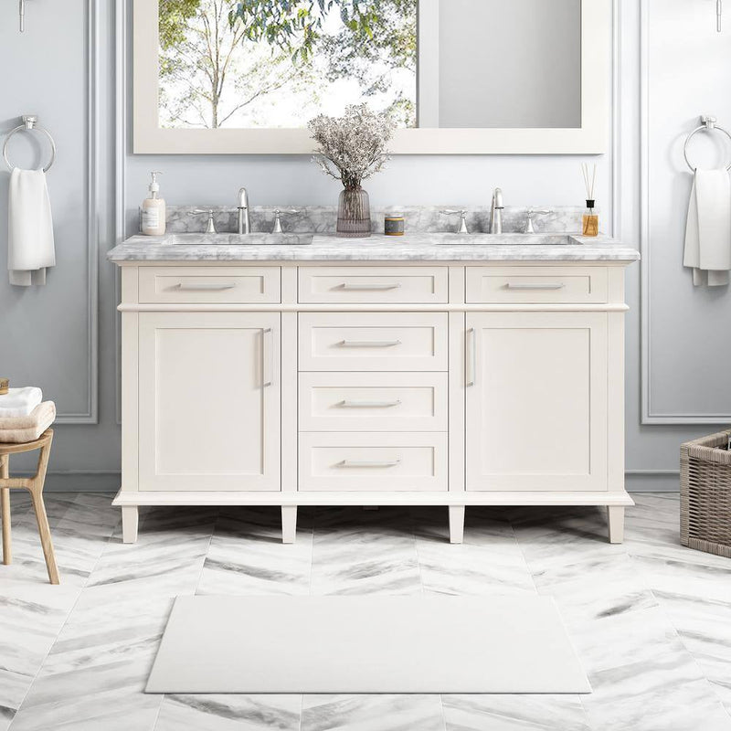 Sonoma 60 In. Dubbele wastafel off white badmeubel met Carrara marmeren blad (gemonteerd) - Puck's