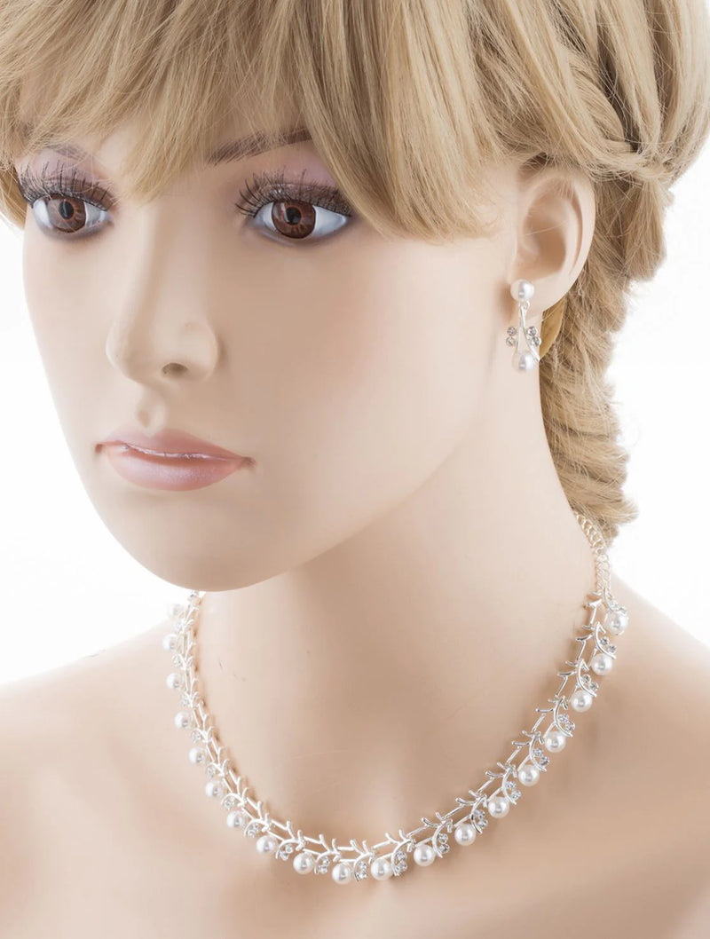 Bridal Wedding Jewelry Set Crystal Rhinestone Pearl Sophisticated Silver White - Puck's
