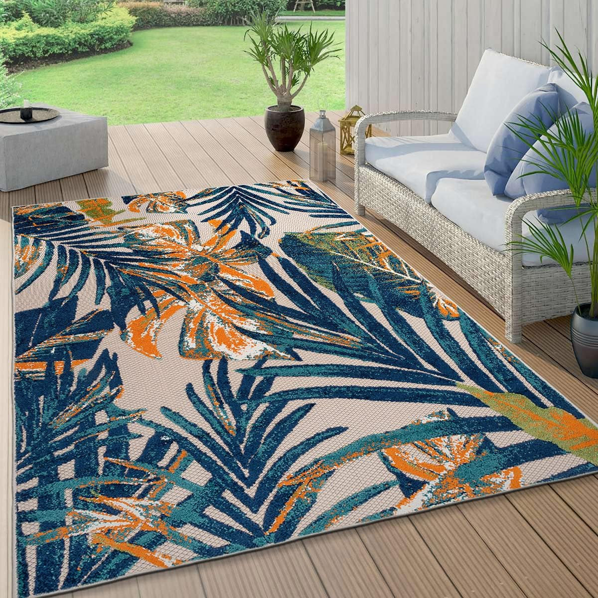 Tropical Floral Leaves Indoor/Outdoor Area Rug 7'10" X 10' Multi - Puck's