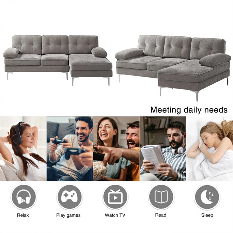Converteerbare slaapbank, L-vormige bank met omkeerbare chaise lounge, Chenille stof moderne bank voor woonkamer, appartement, kantoor, 3 zitplaatsen, grijs - Puck's