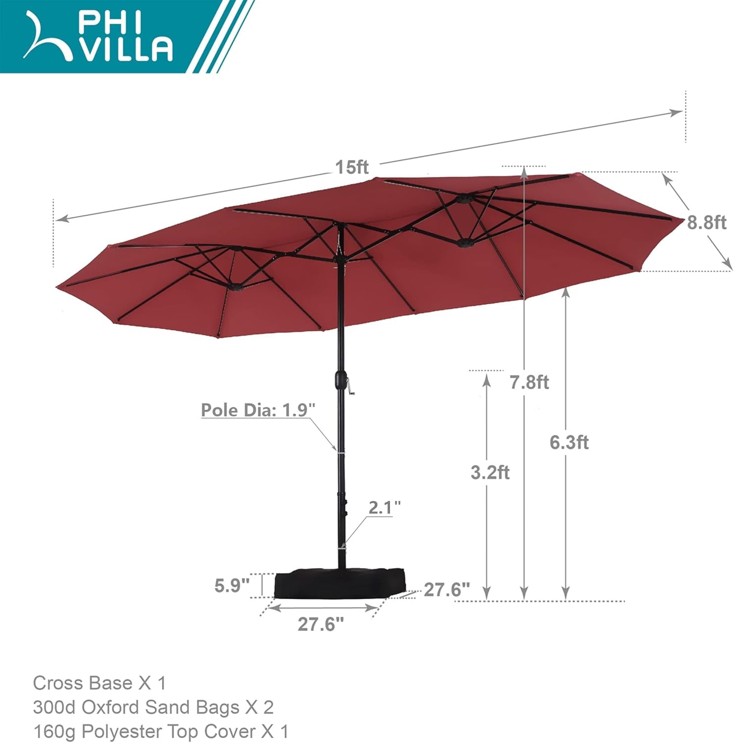 15Ft Large Patio Umbrella with Base, Double-Sided Outdoor Umbrella, Wine - Puck's