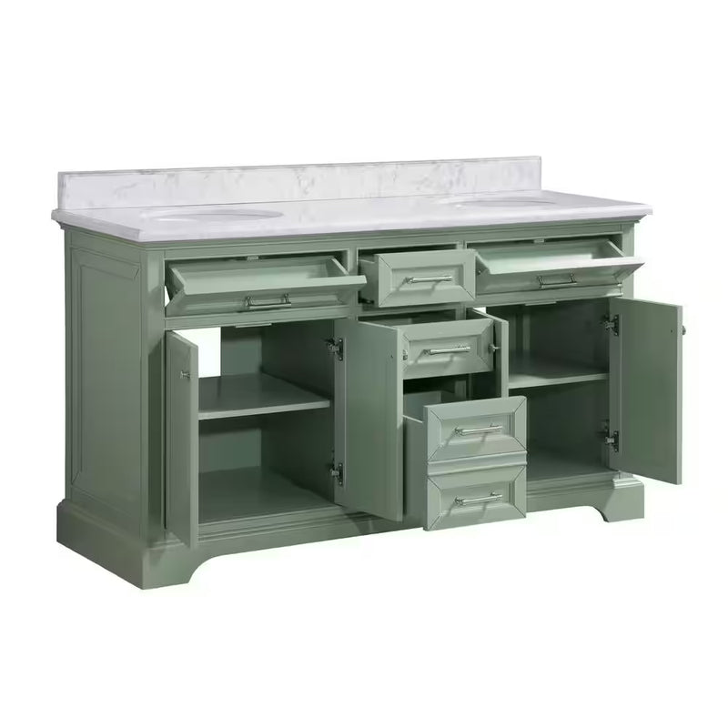 Windlowe 61 In. W Double Sink Green Bath Vanity with White Carrara Marble Top (Assembled) - Puck's