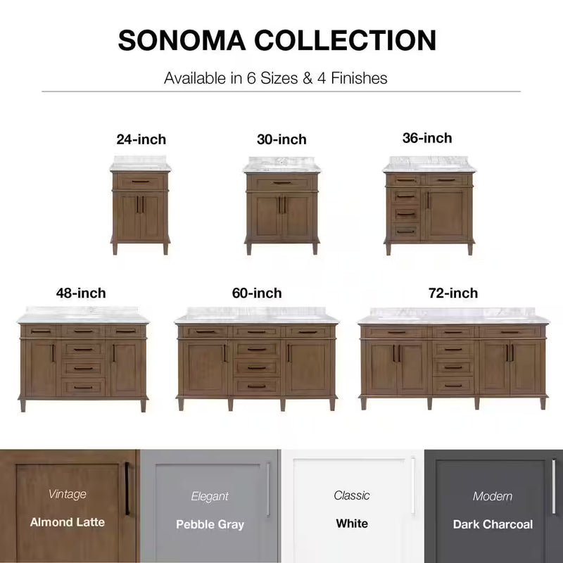 Sonoma 60 In. Dubbele Wastafel Almond Latte Badmeubel met Carrara Marmeren Bovenblad (Gemonteerd) - Puck's