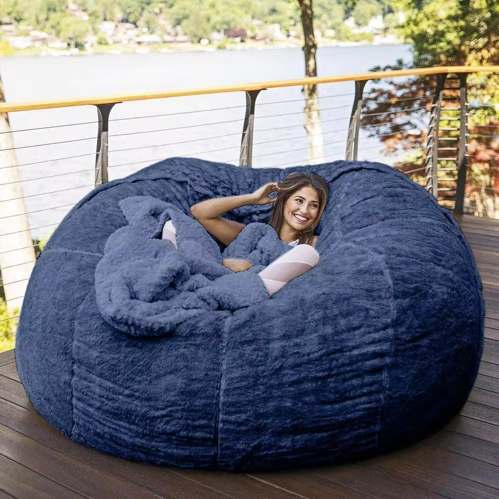7-Foot Bean Bag Chair with Furry Fur Cover Machine Washable Big Size Sofa and Giant Lounger Furniture - Puck's